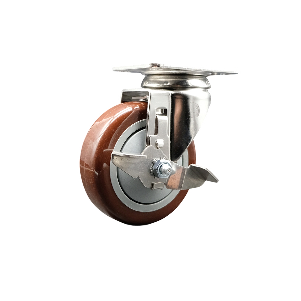 Polyurethane Swivel Top Plate Caster with 4 Inch Maroon Caster Wheel and Top Lock Brake - 316 Stainless Steel Caster - 350 lbs. Capacity Per Caster - Service Caster Brand — photo 1