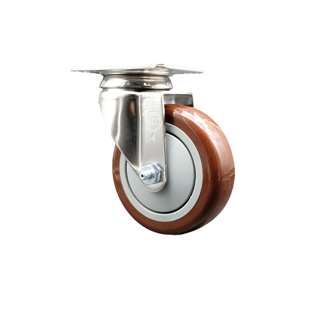Polyurethane Swivel Top Plate Caster with 4 Inch Maroon Caster Wheel - 316 Stainless Steel Caster - 350 lbs. Capacity Per Caster - Service Caster Brand — photo 1