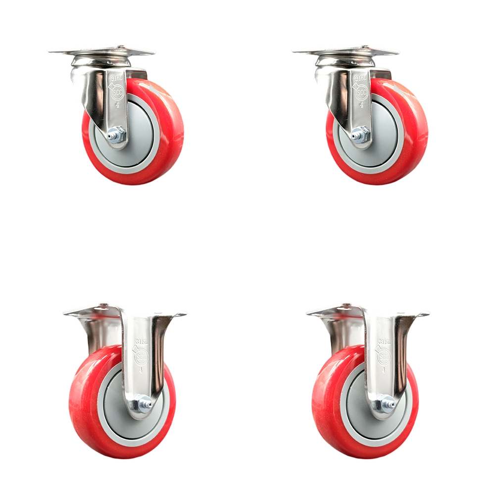 Polyurethane Swivel Top Plate Caster Set of 4 with 4 Inch Red Caster Wheels - 316 Stainless Steel Casters - Includes 2 Swivel Casters and 2 Rigid Casters - Service Caster Brand — photo 1