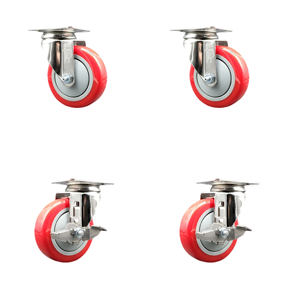 Polyurethane Swivel Top Plate Caster Set of 4 with 4 Inch Red Caster Wheels - 316 Stainless Steel Casters - Includes 2 Swivel with Top Lock Brakes and 2 Swivel - Service Caster Brand — photo 1