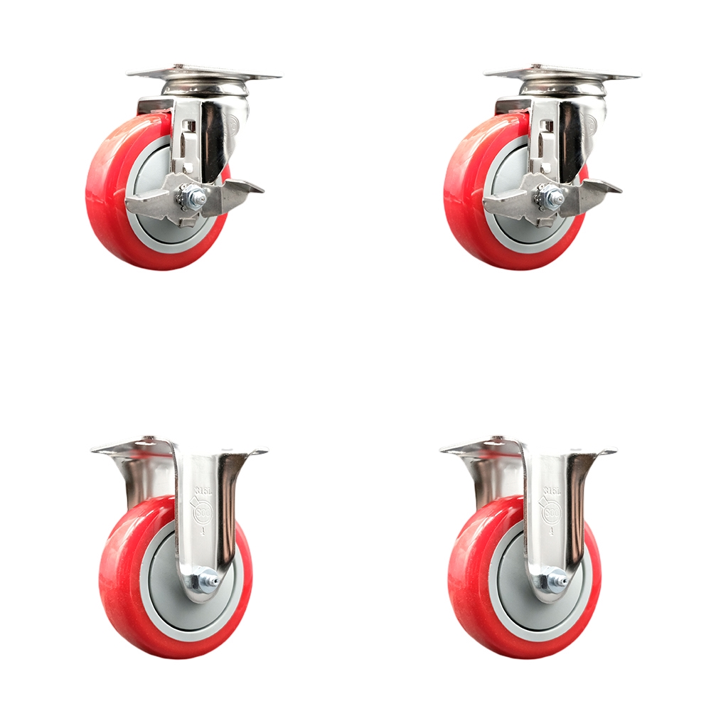 Polyurethane Swivel Top Plate Caster Set of 4 with 4 Inch Red Caster Wheels - 316 Stainless Steel Casters - Includes 2 Swivel with Top Lock Brakes and 2 Rigid - Service Caster Brand — photo 1