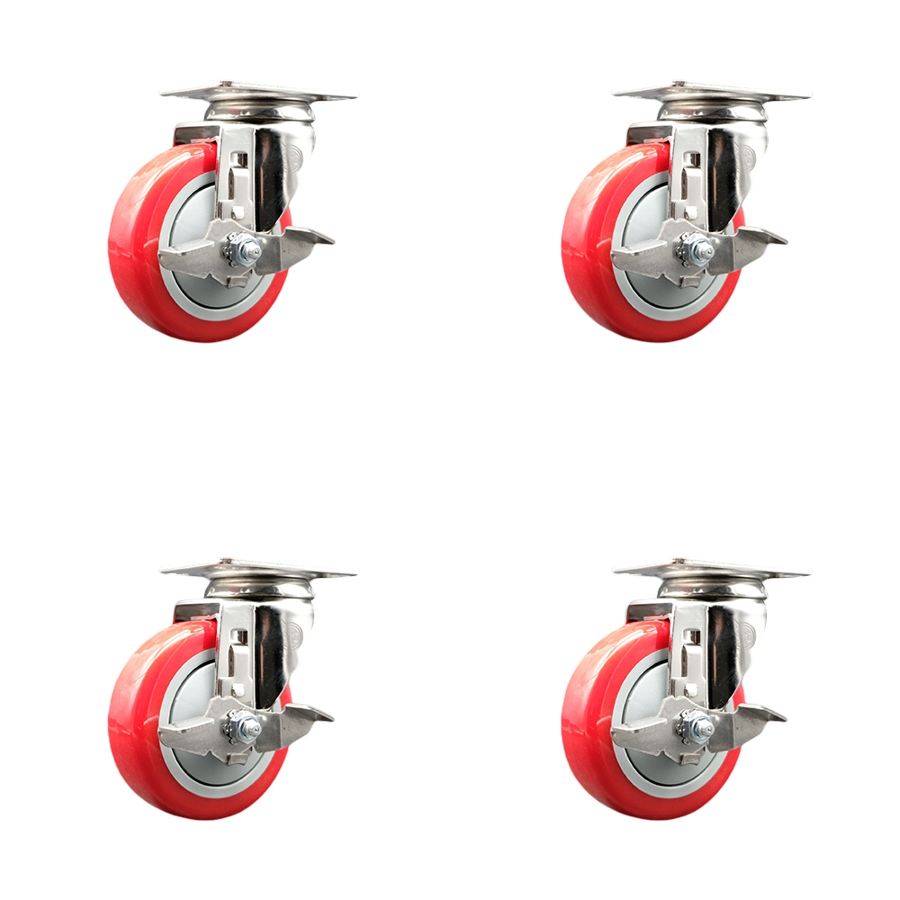 Polyurethane Swivel Top Plate Caster Set of 4 with 4 Inch Red Caster Wheels -316 Stainless Steel Casters-Includes 4 Swivel Casters with Top Lock Brakes-1,400 lbs. Total Capacity- Service Caster Brand — photo 1