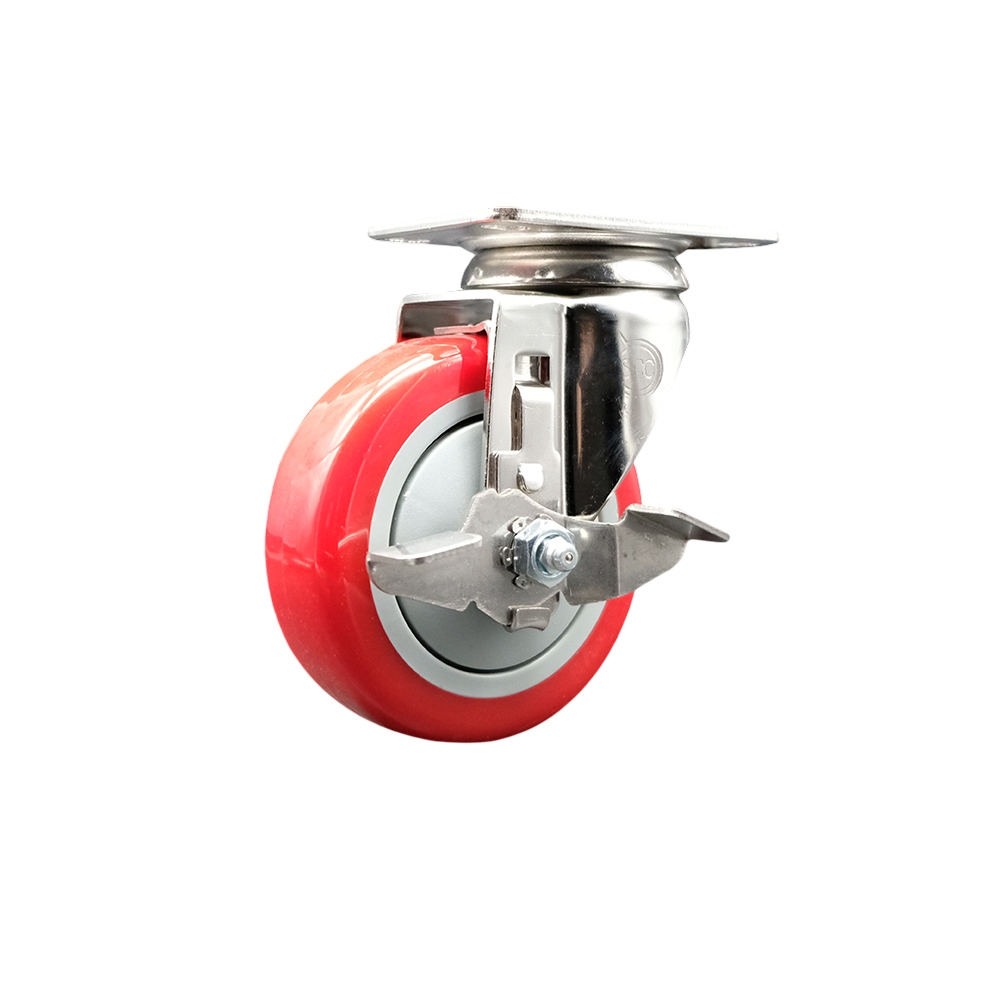 Polyurethane Swivel Top Plate Caster with 4 Inch Red Caster Wheel and Top Lock Brake - 316 Stainless Steel Caster - 350 lbs. Capacity Per Caster - Service Caster Brand — photo 1