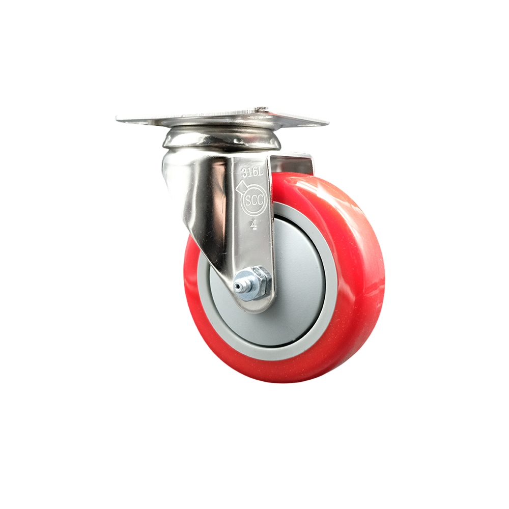 Polyurethane Swivel Top Plate Caster with 4 Inch Red Caster Wheel - 316 Stainless Steel Caster - 350 lbs. Capacity Per Caster - Service Caster Brand — photo 1