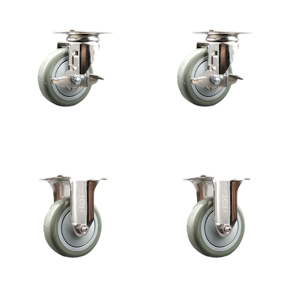 Polyurethane Swivel Top Plate Caster Set of 4 with 4 Inch Gray Caster Wheels - 316 Stainless Steel Casters - Includes 2 Swivel with Top Lock Brakes and 2 Rigid - Service Caster Brand — photo 1