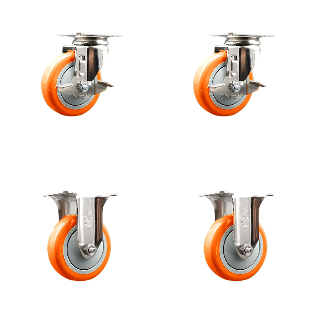 Polyurethane Swivel Top Plate Caster Set of 4 with 4 Inch Orange Caster Wheels - 316 Stainless Steel Casters - Includes 2 Swivel with Top Lock Brakes and 2 Rigid - Service Caster Brand — photo 1
