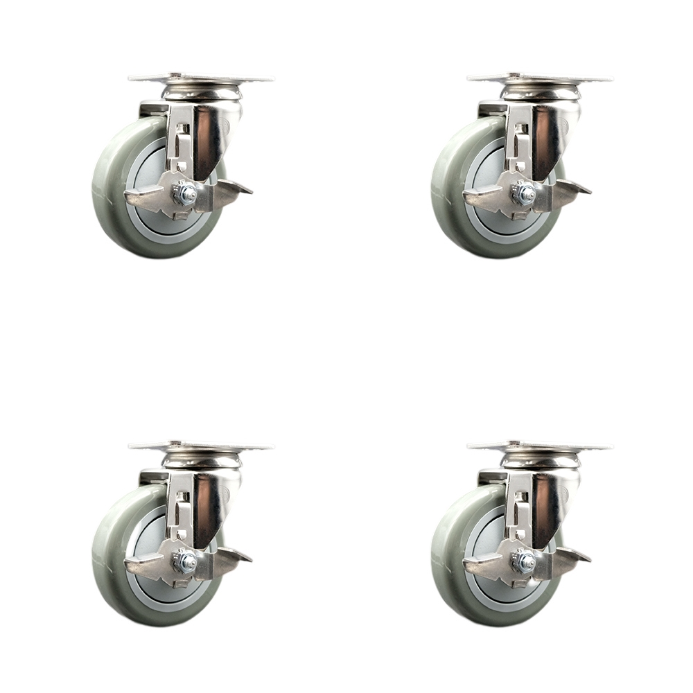 Polyurethane Swivel Top Plate Caster Set of 4 with 4 Inch Gray Caster Wheels -316 Stainless Steel Casters-Includes 4 Swivel Casters with Top Lock Brakes-1,400 lbs. Total Capacity- Service Caster Brand — photo 1