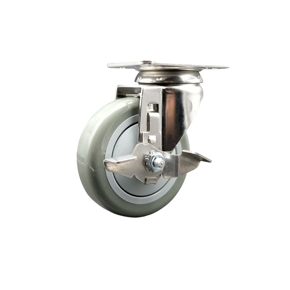 Polyurethane Swivel Top Plate Caster with 4 Inch Gray Caster Wheel and Top Lock Brake - 316 Stainless Steel Caster - 350 lbs. Capacity Per Caster - Service Caster Brand — photo 1