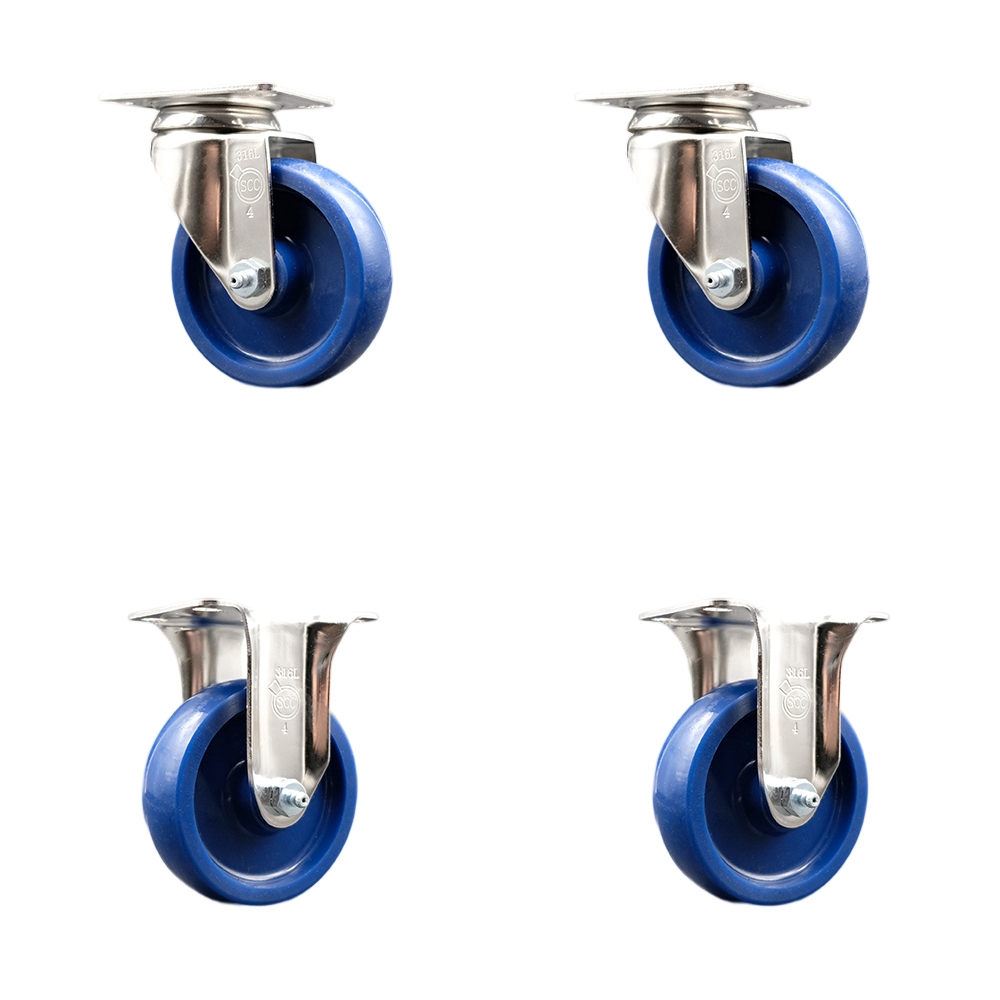 Solid Polyurethane Swivel Top Plate Caster Set of 4 with 4 Inch Blue Caster Wheels - 316 Stainless Steel Casters - Includes 2 Swivel Casters and 2 Rigid Casters - Service Caster Brand — photo 1