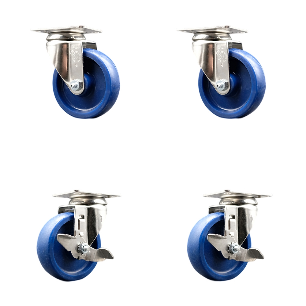 Solid Polyurethane Swivel Top Plate Caster Set of 4 with 4 Inch Blue Caster Wheels - 316 Stainless Steel Casters - Includes 2 Swivel with Top Lock Brakes and 2 Swivel - Service Caster Brand — photo 1