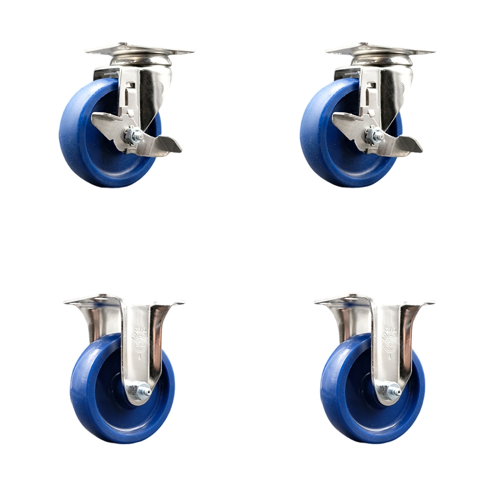 Solid Polyurethane Swivel Top Plate Caster Set of 4 with 4 Inch Blue Caster Wheels - 316 Stainless Steel Casters - Includes 2 Swivel with Top Lock Brakes and 2 Rigid - Service Caster Brand — photo 1