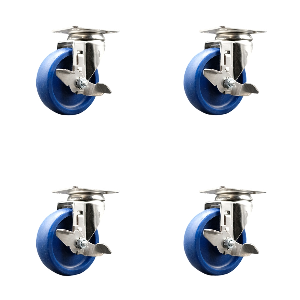 Solid Poly Swivel Top Plate Caster Set of 4 with 4 Inch Blue Caster Wheels -316 Stainless Steel Casters-Includes 4 Swivel Casters with Top Lock Brakes- 1,200 lbs. Total Capacity - Service Caster Brand — photo 1