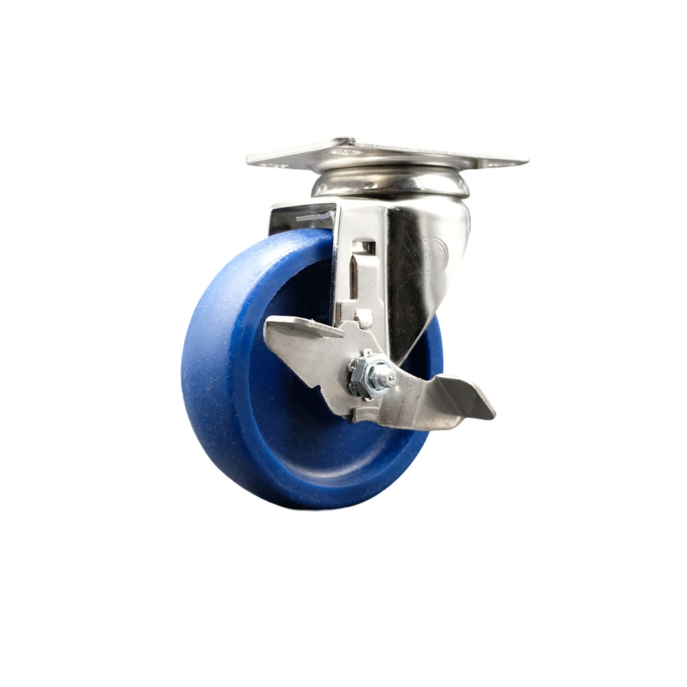 Solid Polyurethane Swivel Top Plate Caster with 4 Inch Blue Caster Wheel and Top Lock Brake - 316 Stainless Steel Caster - 300 lbs. Capacity Per Caster - Service Caster Brand — photo 1