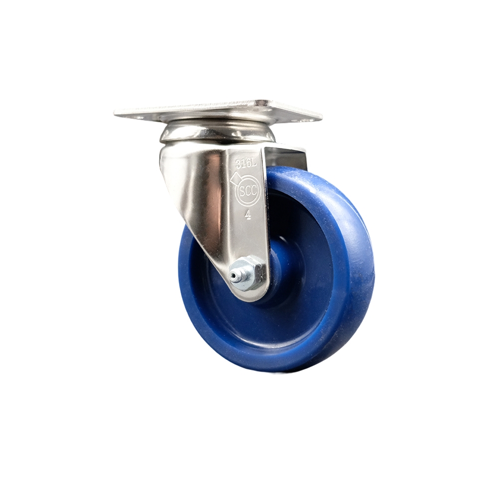 Solid Polyurethane Swivel Top Plate Caster with 4 Inch Blue Caster Wheel - 316 Stainless Steel Caster - 300 lbs. Capacity Per Caster - Service Caster Brand — photo 1