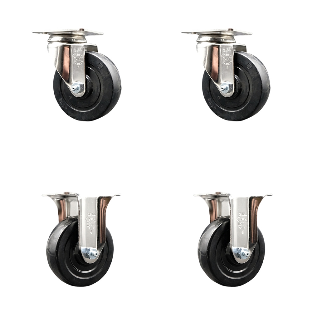 Soft Rubber Swivel Top Plate Caster Set of 4 with 4 Inch Black Caster Wheels - 316 Stainless Steel Casters - Includes 2 Swivel Casters and 2 Rigid Casters - Service Caster Brand — photo 1