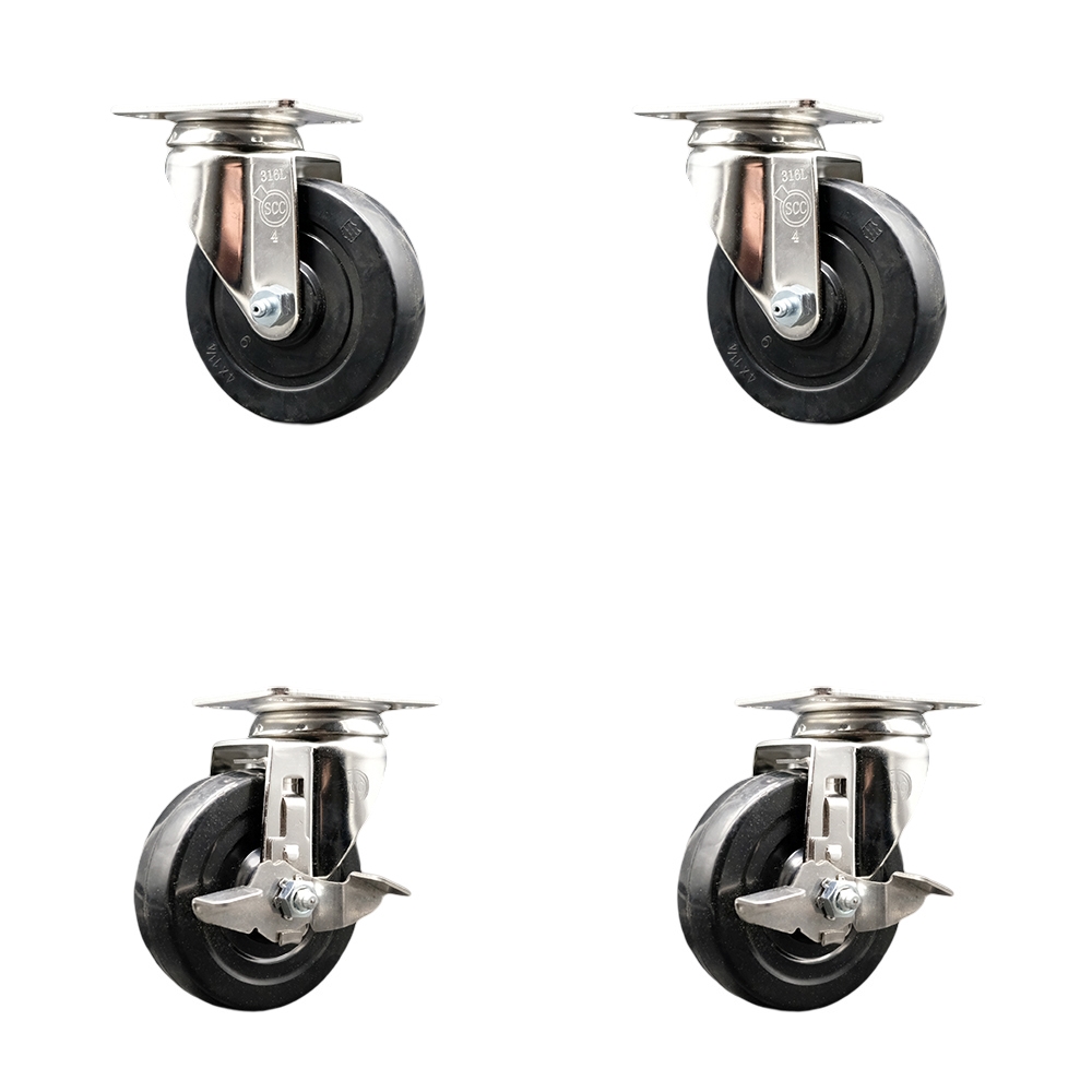 Soft Rubber Swivel Top Plate Caster Set of 4 with 4 Inch Black Caster Wheels - 316 Stainless Steel Casters - Includes 2 Swivel with Top Lock Brakes and 2 Swivel - Service Caster Brand — photo 1