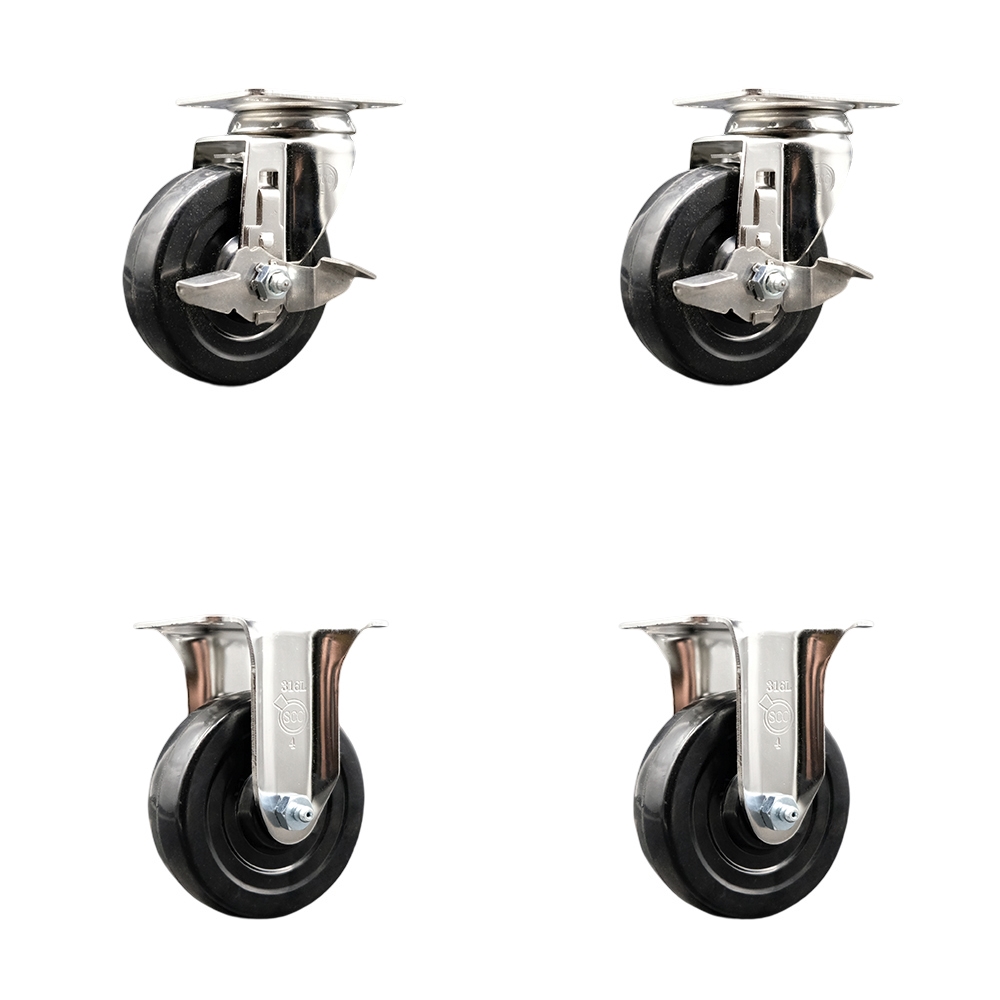 Soft Rubber Swivel Top Plate Caster Set of 4 with 4 Inch Black Caster Wheels - 316 Stainless Steel Casters - Includes 2 Swivel with Top Lock Brakes and 2 Rigid - Service Caster Brand — photo 1