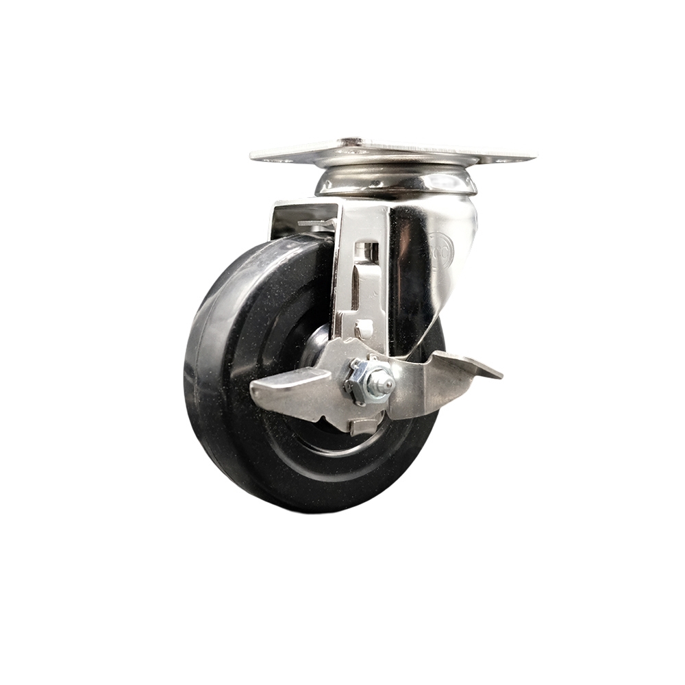 Soft Rubber Swivel Top Plate Caster with 4 Inch Black Caster Wheel and Top Lock Brake - 316 Stainless Steel Caster - 200 lbs. Capacity Per Caster - Service Caster Brand — photo 1