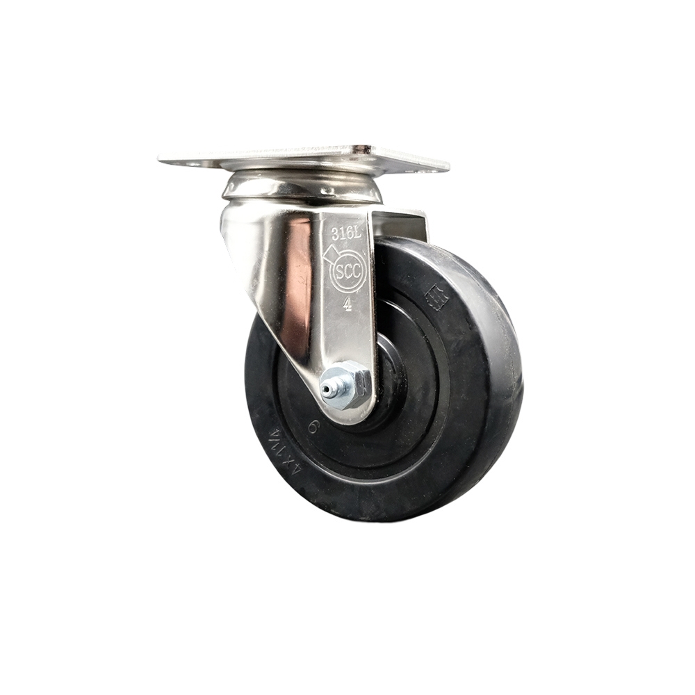 Soft Rubber Swivel Top Plate Caster with 4 Inch Black Caster Wheel - 316 Stainless Steel Caster - 200 lbs. Capacity Per Caster - Service Caster Brand — photo 1