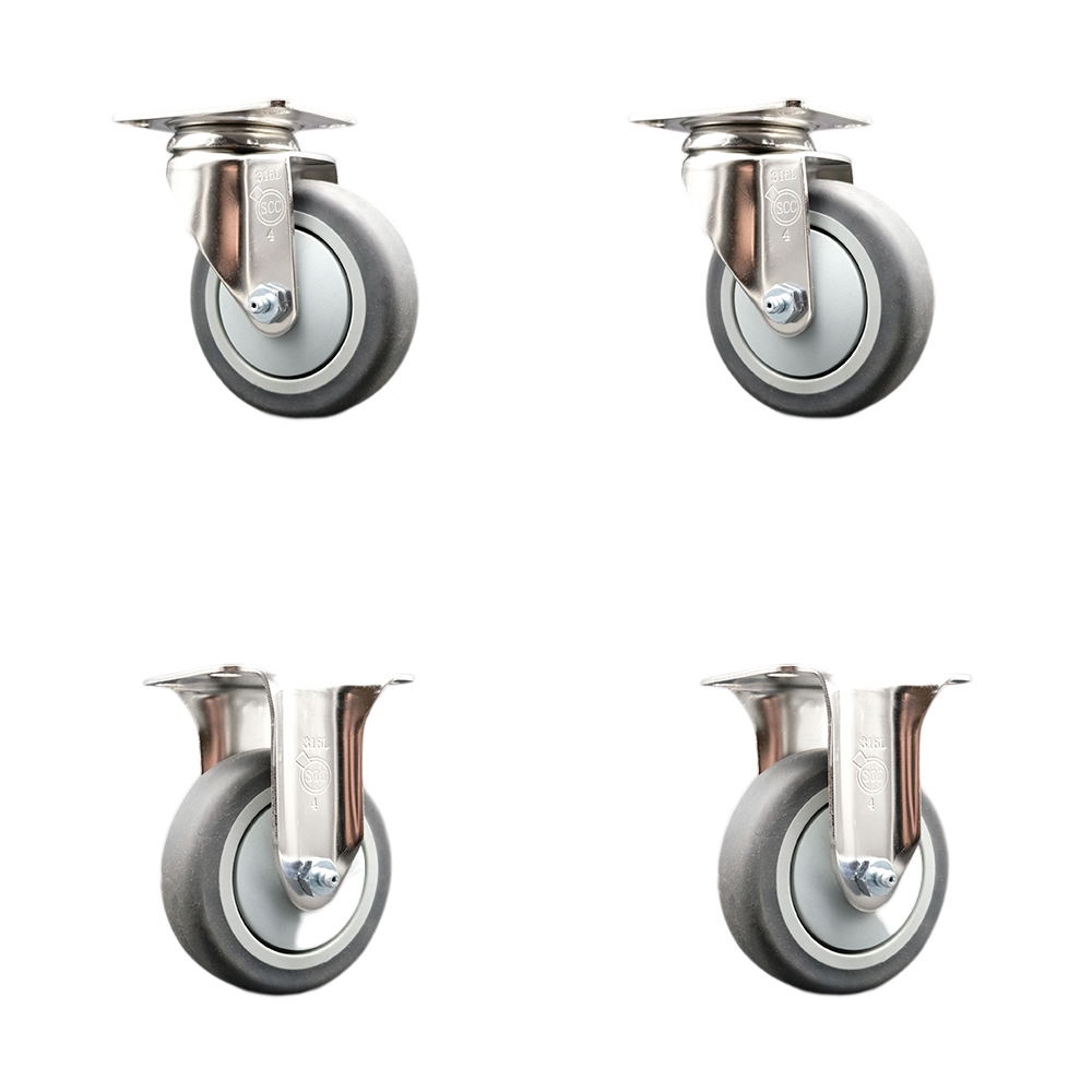 Thermoplastic Rubber Swivel Top Plate Caster Set of 4 with 4 Inch Gray Caster Wheels - 316 Stainless Steel Casters - Includes 2 Swivel Casters and 2 Rigid Casters - Service Caster Brand — photo 1