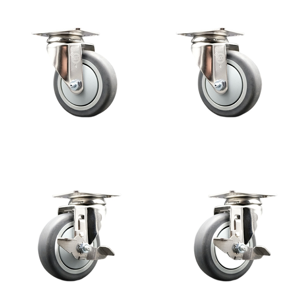 Thermoplastic Rubber Swivel Top Plate Caster Set of 4 with 4 Inch Gray Caster Wheels - 316 Stainless Steel Casters - Includes 2 Swivel with Top Lock Brakes and 2 Swivel - Service Caster Brand — photo 1