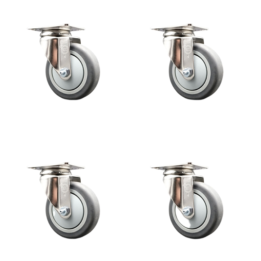 Thermoplastic Rubber Swivel Top Plate Caster Set of 4 with 4 Inch Gray Caster Wheels - 316 Stainless Steel Casters - Includes 4 Swivel Casters - 1,000 lbs. Total Capacity - Service Caster Brand — photo 1