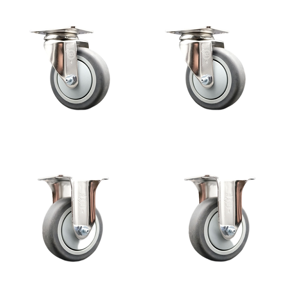 Thermoplastic Rubber Swivel Top Plate Caster Set of 4 with 4 Inch Gray Caster Wheels - 316 Stainless Steel Casters - Includes 2 Swivel with Top Lock Brakes and 2 Rigid - Service Caster Brand — photo 1