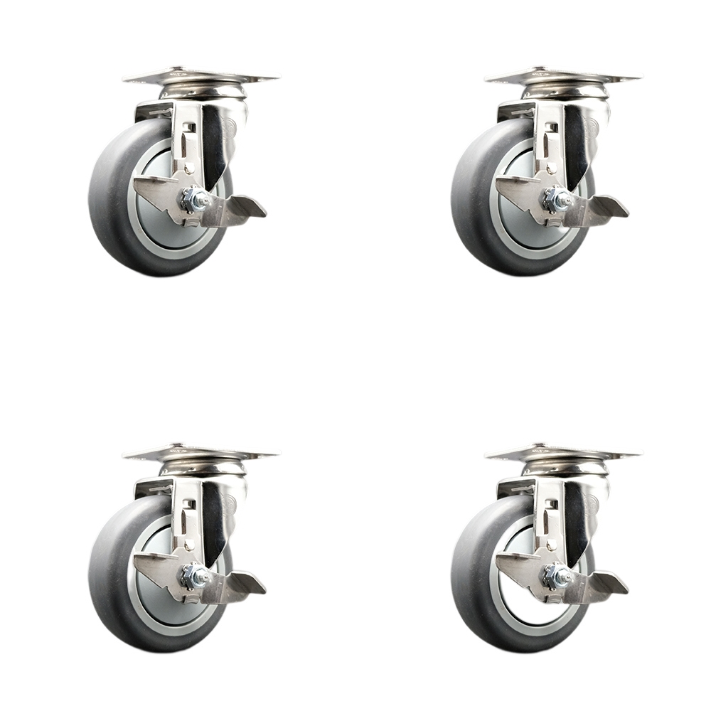 Thermoplastic Rubber Swivel Top Plate Caster Set of 4 with 4 Inch Caster Wheels-316 Stainless Steel Casters-Includes 4 Swivel Casters with Top Lock Brakes-1,000lbs. Total Capacity-Service Caster Brand — photo 1