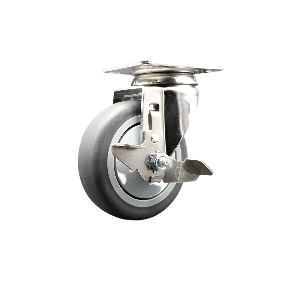 Thermoplastic Rubber Swivel Top Plate Caster with 4 Inch Gray Caster Wheel and Top Lock Brake - 316 Stainless Steel Caster - 250 lbs. Capacity Per Caster - Service Caster Brand — photo 1