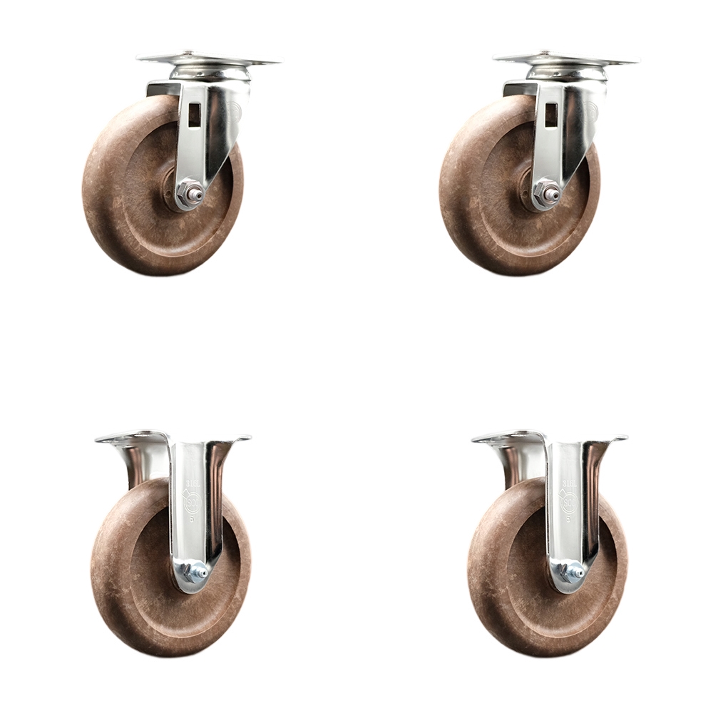 High Temp Glass Filled Nylon Swivel Top Plate Caster Set of 4 with 5 Inch Brown Caster Wheels - 316 Stainless Steel Casters - Includes 2 Swivel Casters and 2 Rigid Casters - Service Caster Brand — photo 1