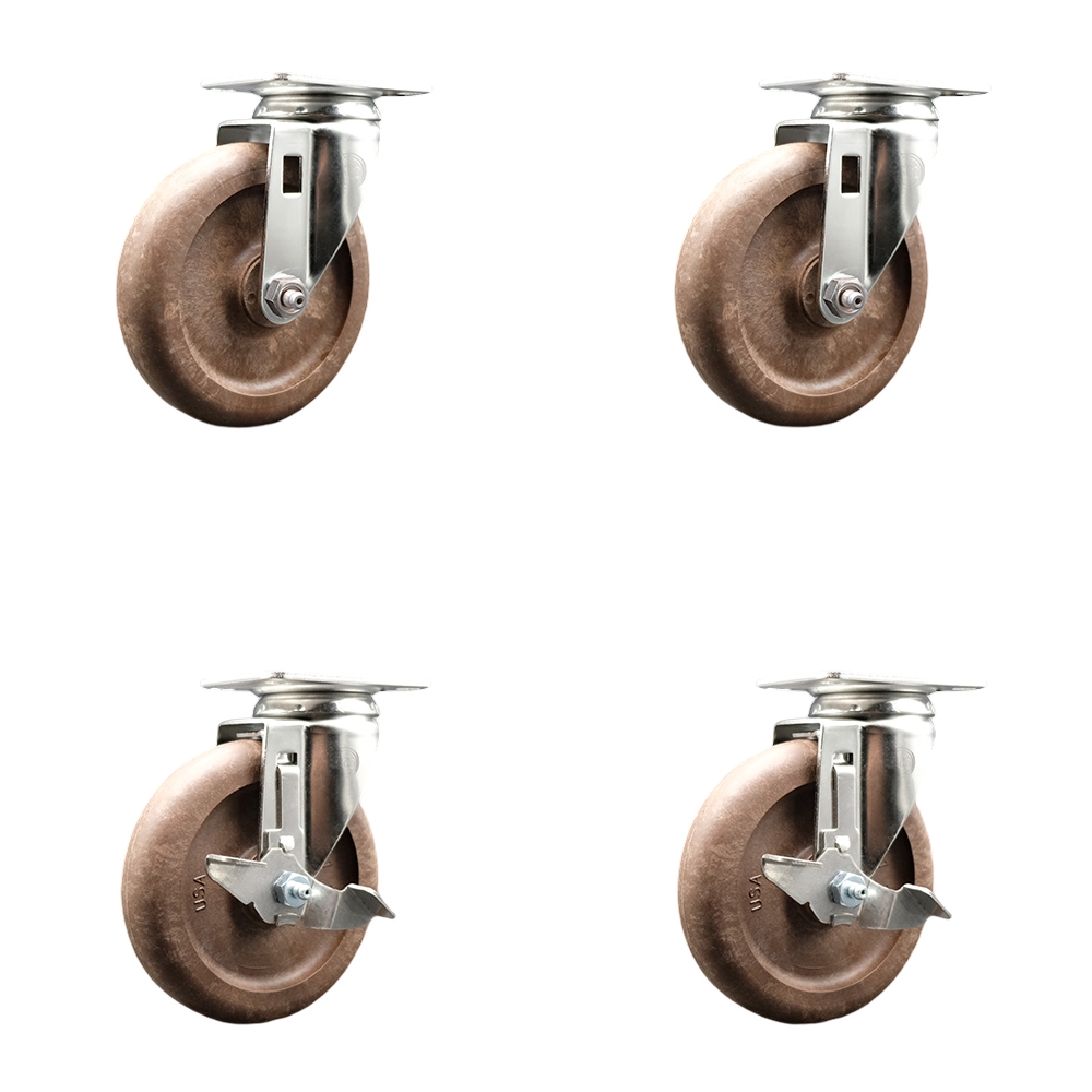 High Temp Glass Filled Nylon Swivel Top Plate Caster Set of 4 with 5 Inch Brown Caster Wheels - 316 Stainless Steel Casters - Includes 2 Swivel with Top Lock Brakes and 2 Swivel - Service Caster Brand — photo 1