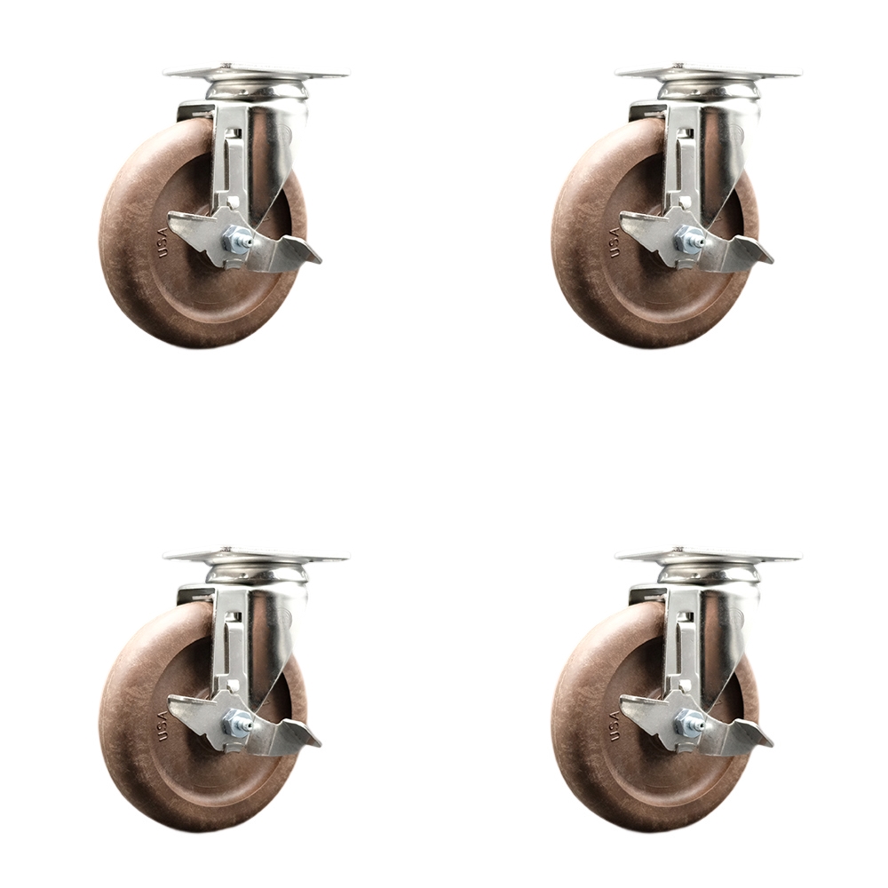 High Temp Glass Filled Nylon Swivel Top Plate Caster Set of 4 with 5 Inch Brown Caster Wheels - 316 Stainless Steel Casters - Includes 4 Swivel Casters with Top Lock Brakes - Service Caster Brand — photo 1