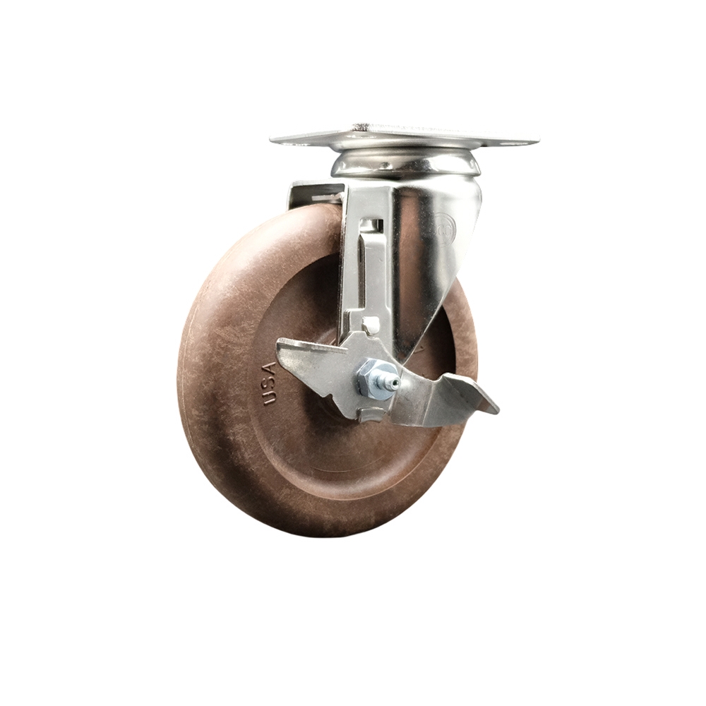 High Temperature Glass Filled Nylon Swivel Top Plate Caster with 5 Inch Brown Caster Wheel and Top Lock Brake - 316 Stainless Steel Caster - 350 lbs. Capacity Per Caster - Service Caster Brand — photo 1