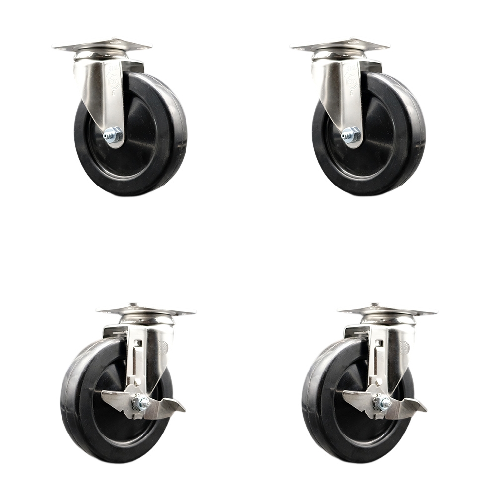 Hard Rubber Swivel Top Plate Caster Set of 4 with 5 Inch Black Caster Wheels - 316 Stainless Steel Casters - Includes 2 Swivel with Top Lock Brakes and 2 Swivel - Service Caster Brand — photo 1