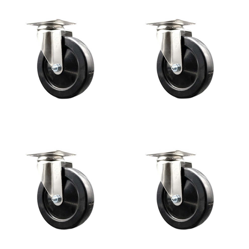 Hard Rubber Swivel Top Plate Caster Set of 4 with 5 Inch Black Caster Wheels - 316 Stainless Steel Casters - Includes 4 Swivel Casters - 1,200 lbs. Total Capacity - Service Caster Brand — photo 1