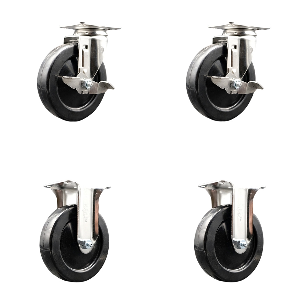 Hard Rubber Swivel Top Plate Caster Set of 4 with 5 Inch Black Caster Wheels - 316 Stainless Steel Casters - Includes 2 Swivel with Top Lock Brakes and 2 Rigid - Service Caster Brand — photo 1