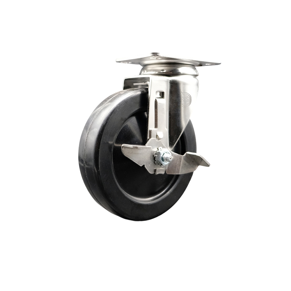 Hard Rubber Swivel Top Plate Caster with 5 Inch Black Caster Wheel and Top Lock Brake - 316 Stainless Steel Caster - 300 lbs. Capacity Per Caster - Service Caster Brand — photo 1