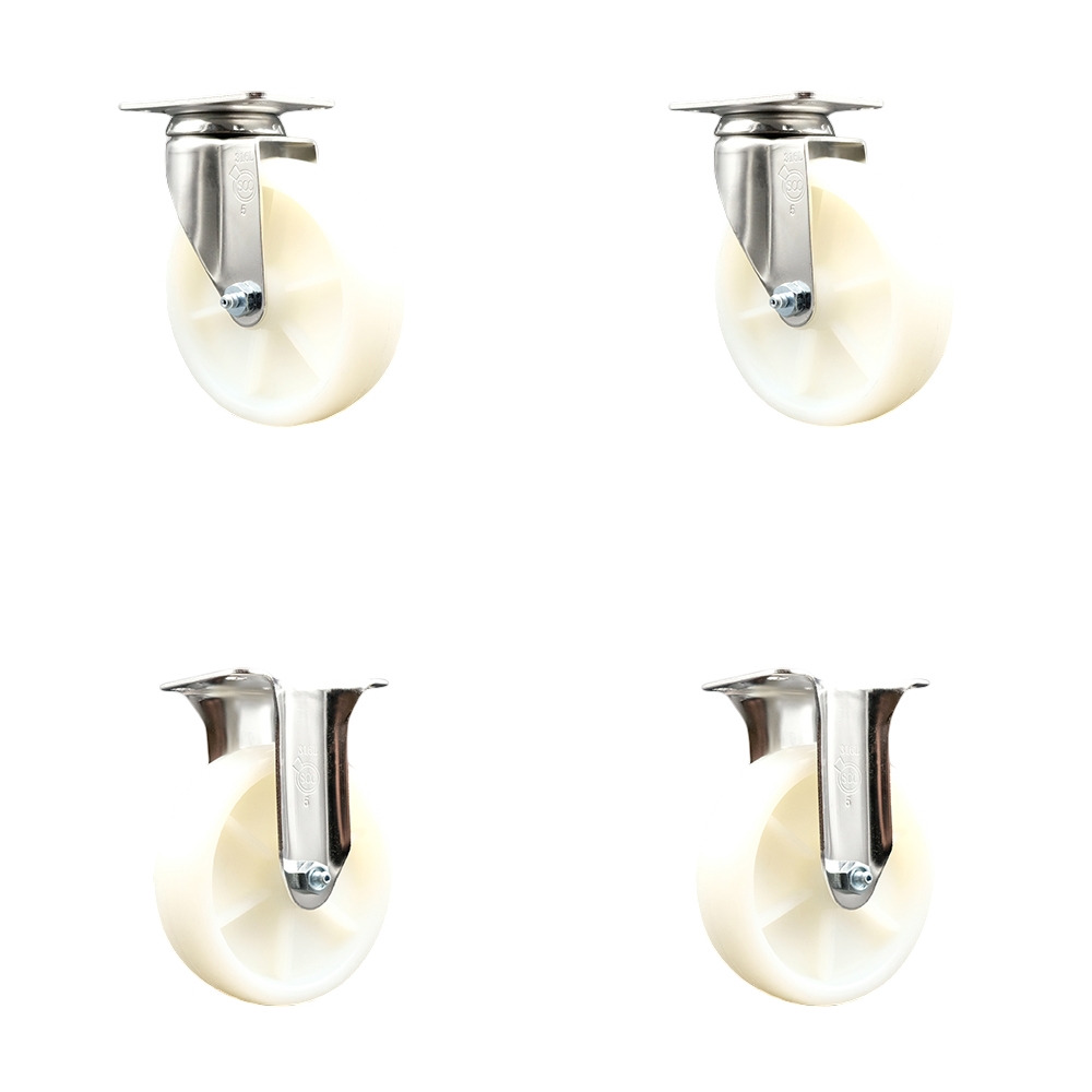 Nylon Swivel Top Plate Caster Set of 4 with 5 Inch White Caster Wheels - 316 Stainless Steel Casters - Includes 2 Swivel Casters and 2 Rigid Casters - Service Caster Brand — photo 1