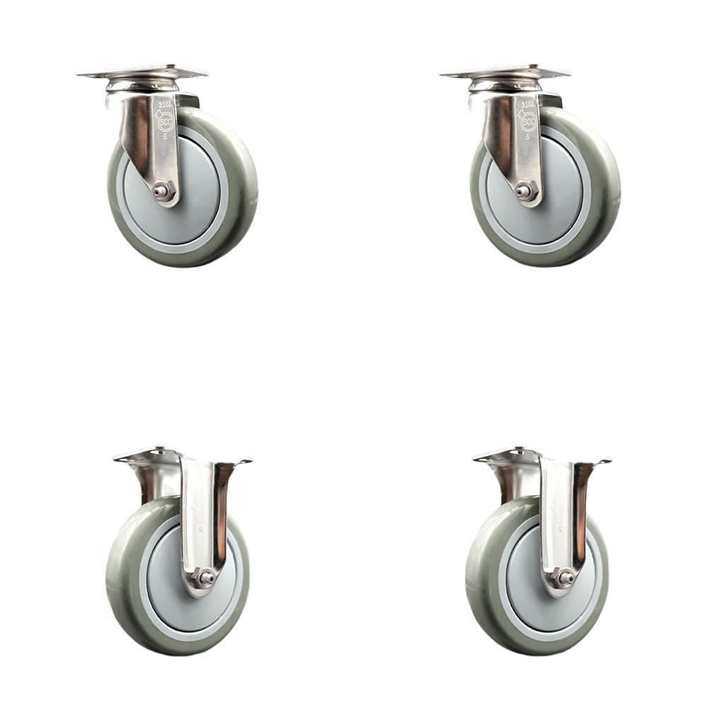 Polyurethane Swivel Top Plate Caster Set of 4 with 5 Inch Gray Caster Wheels - 316 Stainless Steel Casters - Includes 2 Swivel Casters and 2 Rigid Casters - Service Caster Brand — photo 1