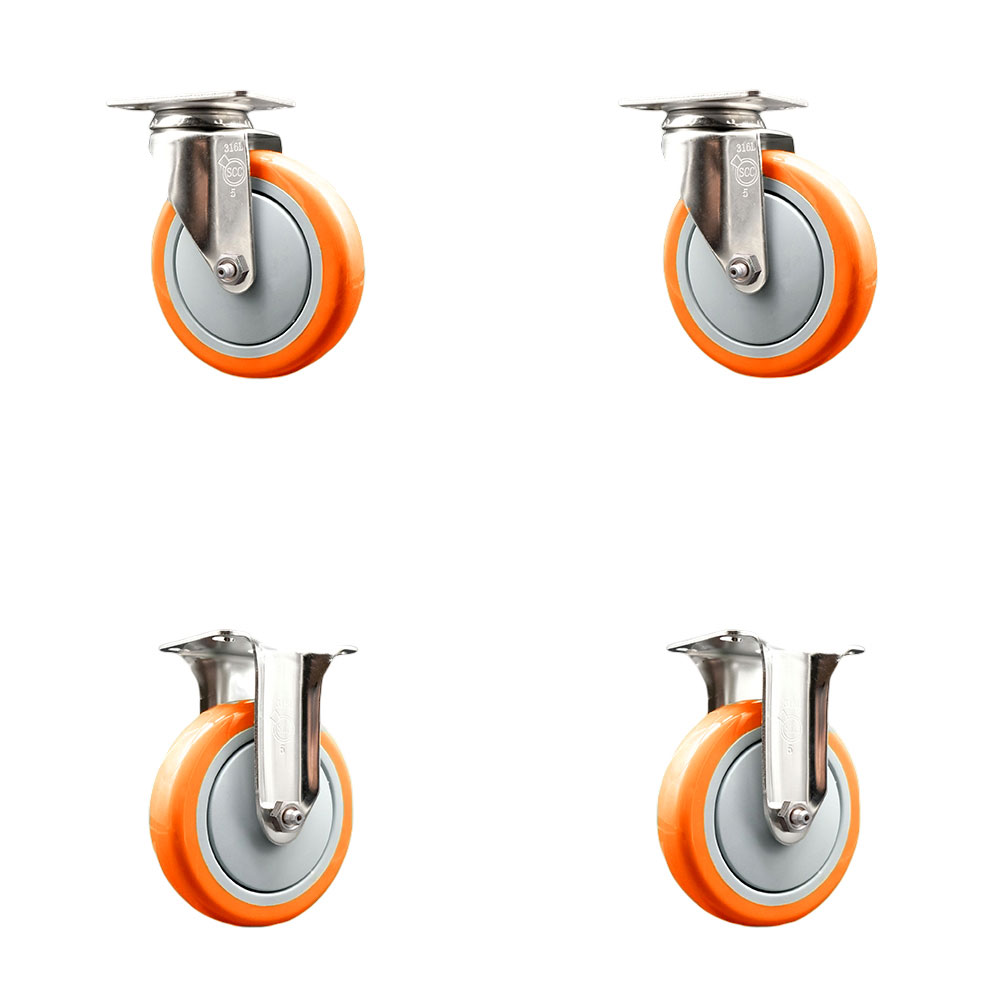 Polyurethane Swivel Top Plate Caster Set of 4 with 5 Inch Orange Caster Wheels - 316 Stainless Steel Casters - Includes 2 Swivel Casters and 2 Rigid Casters - Service Caster Brand — photo 1