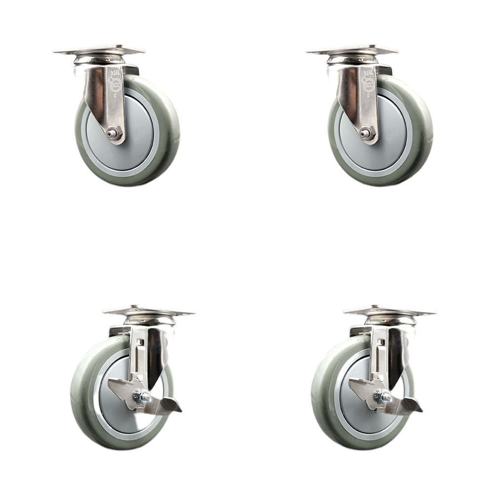 Polyurethane Swivel Top Plate Caster Set of 4 with 5 Inch Gray Caster Wheels - 316 Stainless Steel Casters - Includes 2 Swivel with Top Lock Brakes and 2 Swivel - Service Caster Brand — photo 1