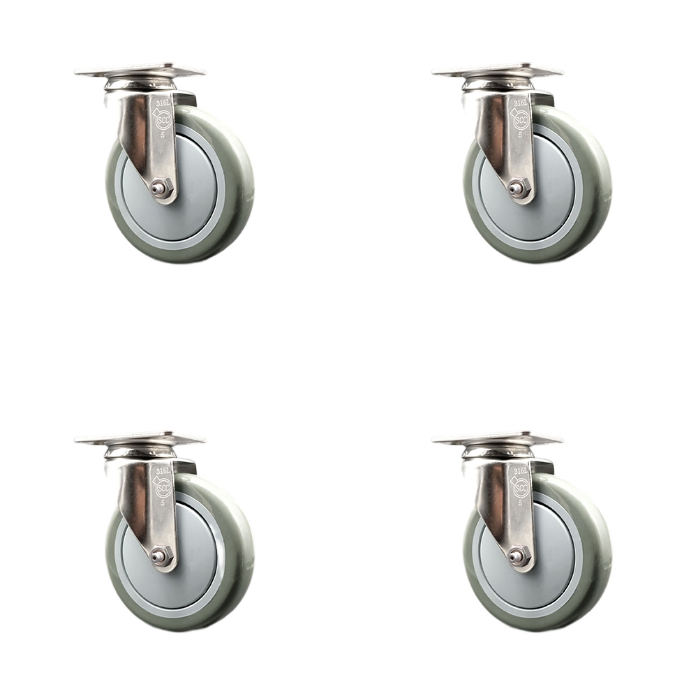 Polyurethane Swivel Top Plate Caster Set of 4 with 5 Inch Gray Caster Wheels - 316 Stainless Steel Casters - Includes 4 Swivel Casters - 1,400 lbs. Total Capacity - Service Caster Brand — photo 1