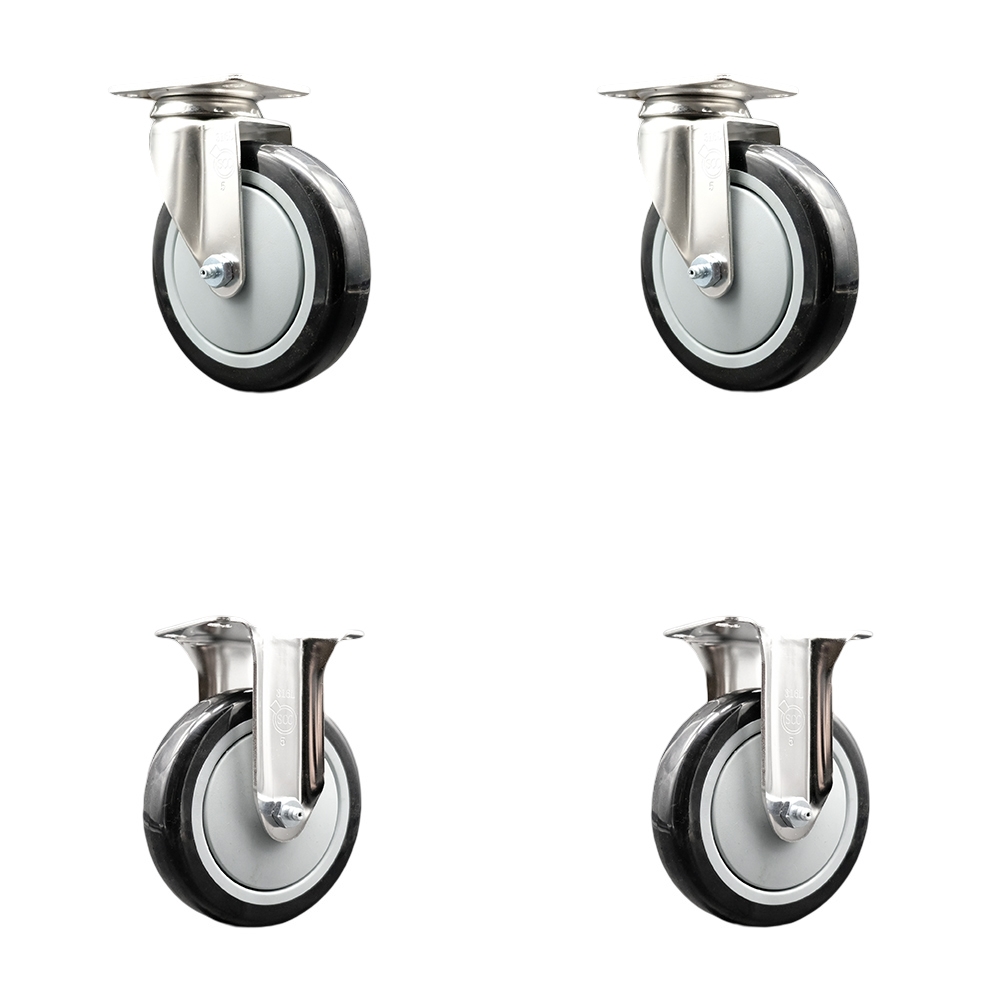 Polyurethane Swivel Top Plate Caster Set of 4 with 5 Inch Black Caster Wheels - 316 Stainless Steel Casters - Includes 2 Swivel Casters and 2 Rigid Casters - Service Caster Brand — photo 1