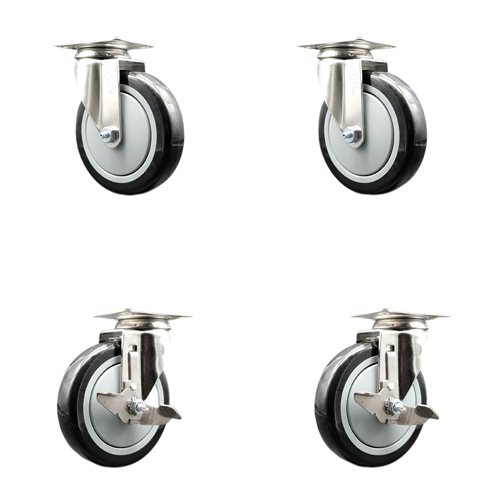 Polyurethane Swivel Top Plate Caster Set of 4 with 5 Inch Black Caster Wheels - 316 Stainless Steel Casters - Includes 2 Swivel with Top Lock Brakes and 2 Swivel - Service Caster Brand — photo 1