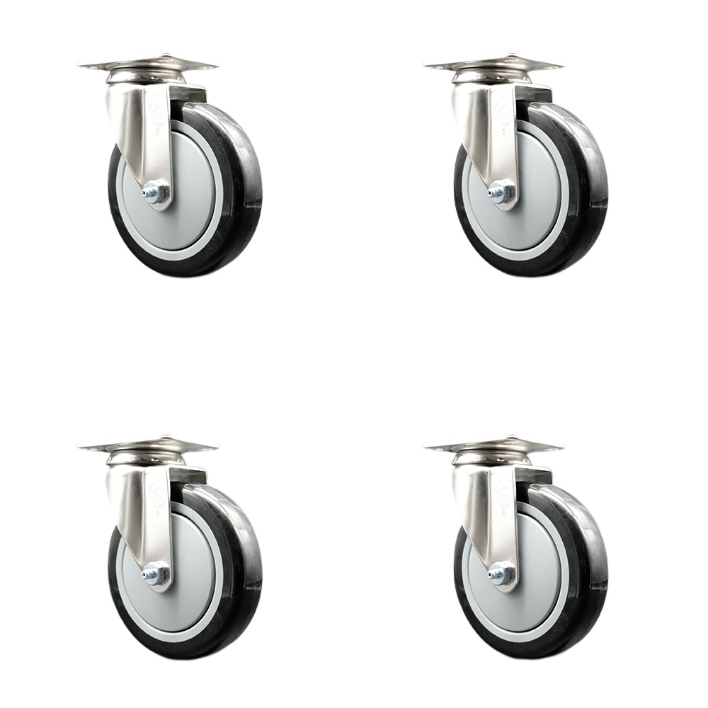 Polyurethane Swivel Top Plate Caster Set of 4 with 5 Inch Black Caster Wheels - 316 Stainless Steel Casters - Includes 4 Swivel Casters - 1,400 lbs. Total Capacity - Service Caster Brand — photo 1