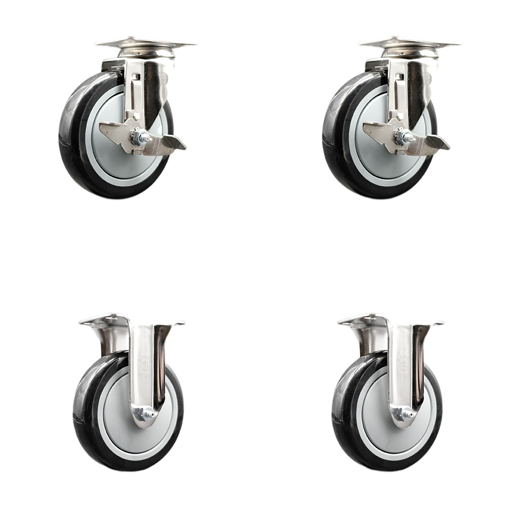 Polyurethane Swivel Top Plate Caster Set of 4 with 5 Inch Black Caster Wheels - 316 Stainless Steel Casters - Includes 2 Swivel with Top Lock Brakes and 2 Rigid - Service Caster Brand — photo 1