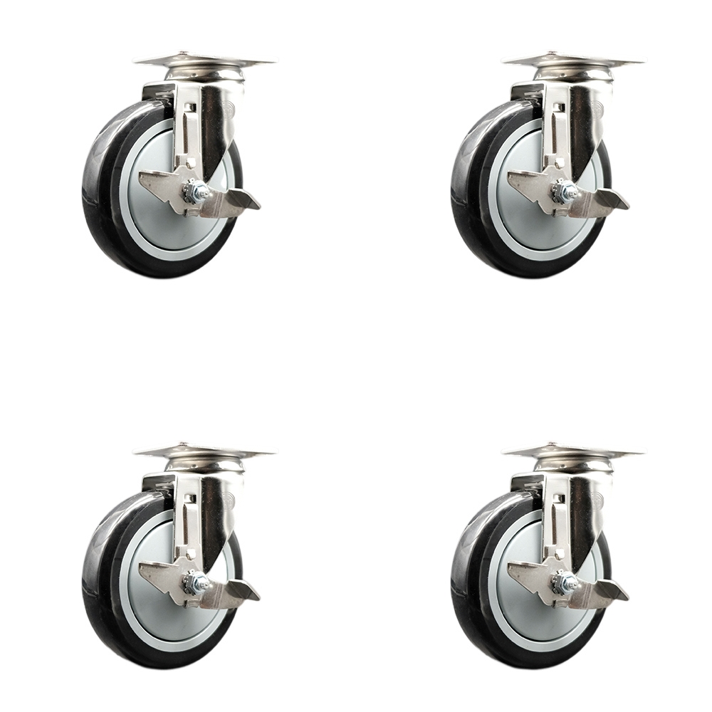 Polyurethane Swivel Top Plate Caster Set of 4 with 5 Inch Black Caster Wheels -316 Stainless Steel Casters-Includes 4 Swivel Casters with Top Lock Brakes-1,400 lbs. Total Capacity-Service Caster Brand — photo 1