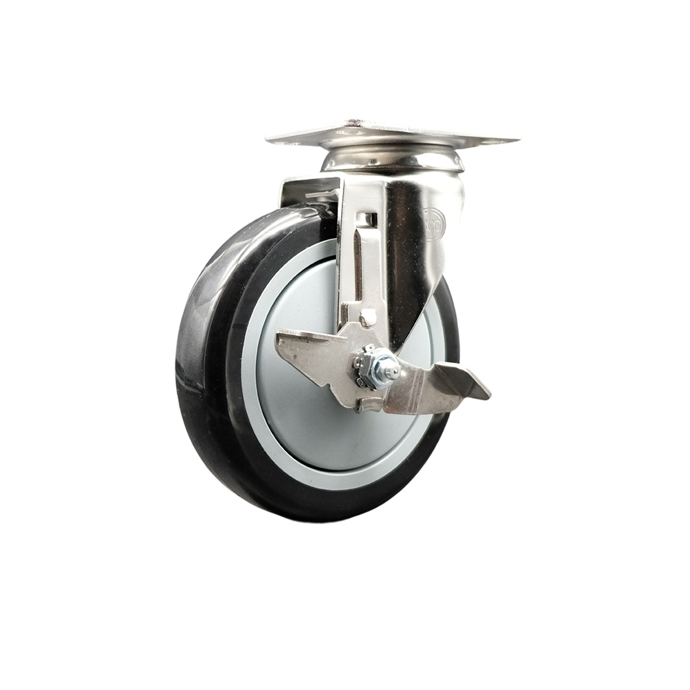 Polyurethane Swivel Top Plate Caster with 5 Inch Black Caster Wheel and Top Lock Brake - 316 Stainless Steel Caster - 350 lbs. Capacity Per Caster - Service Caster Brand — photo 1