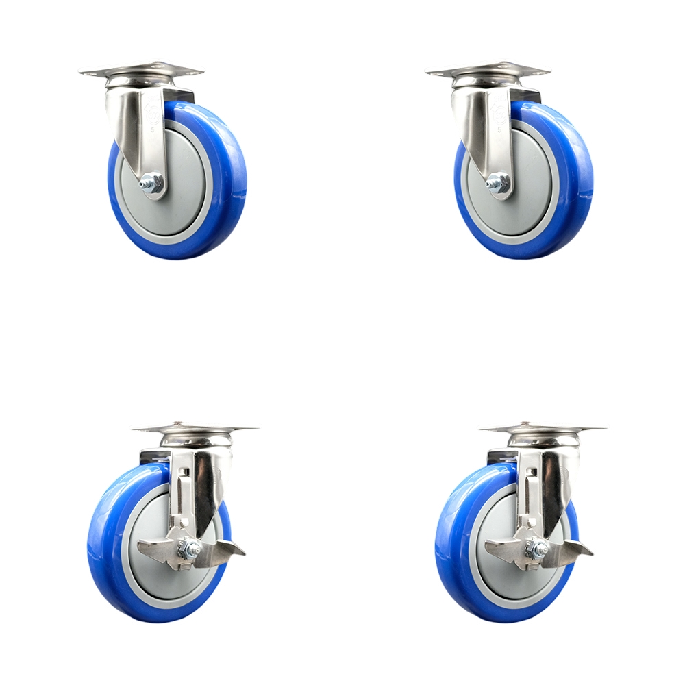Polyurethane Swivel Top Plate Caster Set of 4 with 5 Inch Blue Caster Wheels - 316 Stainless Steel Casters - Includes 2 Swivel with Top Lock Brakes and 2 Swivel - Service Caster Brand — photo 1