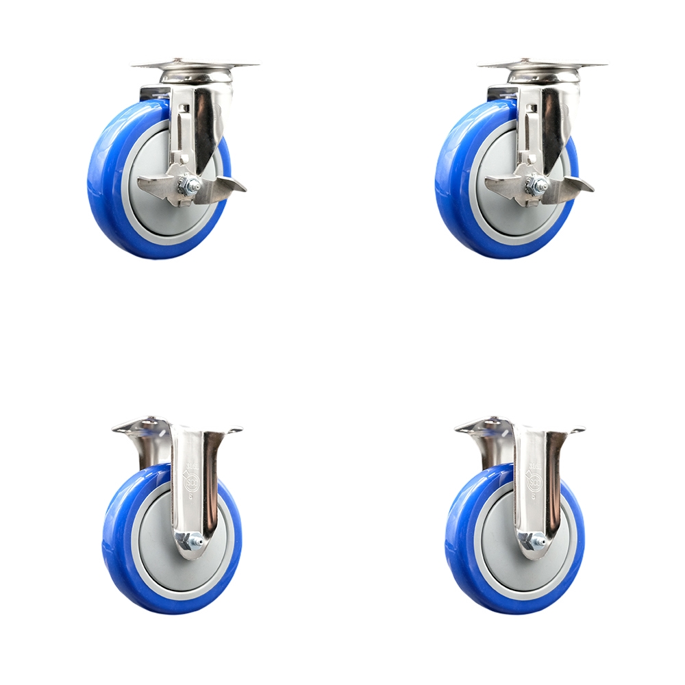 Polyurethane Swivel Top Plate Caster Set of 4 with 5 Inch Blue Caster Wheels - 316 Stainless Steel Casters - Includes 2 Swivel with Top Lock Brakes and 2 Rigid - Service Caster Brand — photo 1